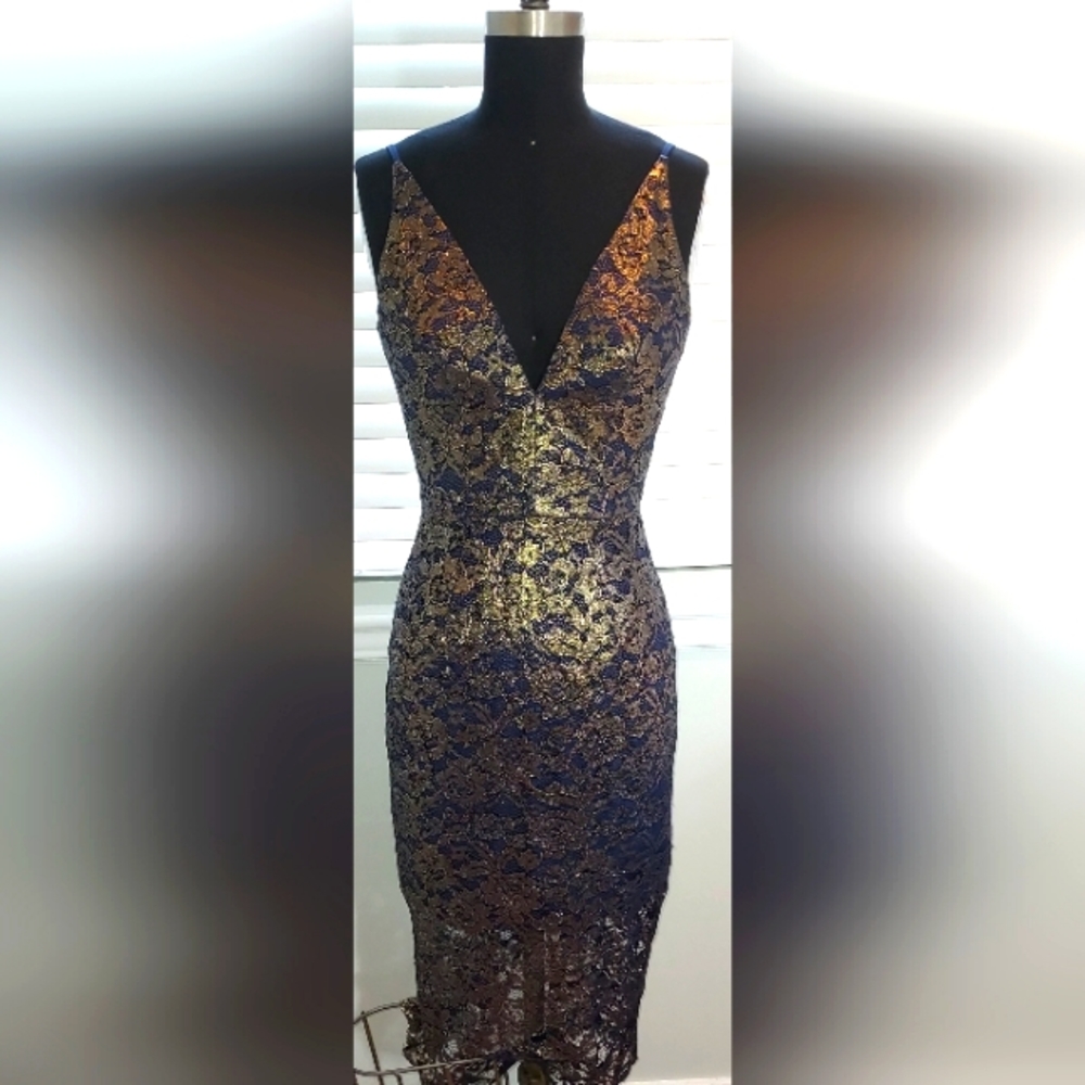 Dress the Population Gold Floral Lace Dress with Blue Underlay NWOT